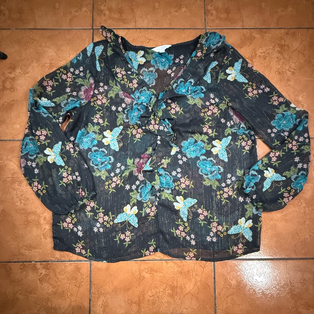 LC Lauren Conrad Blue and Black Ruffled 3/4 Sleeve Blouse
